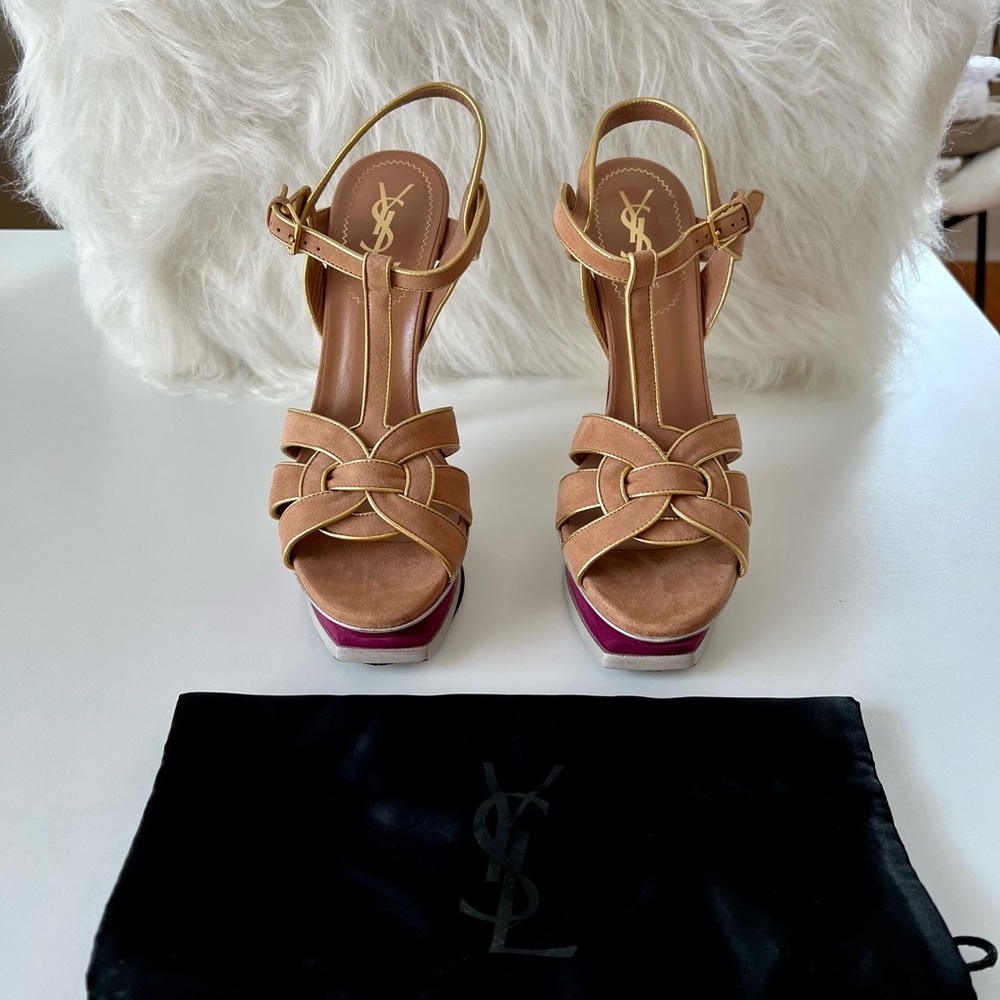 Yves Saint Laurent Tricolor Suede Tribute Platform Sandals